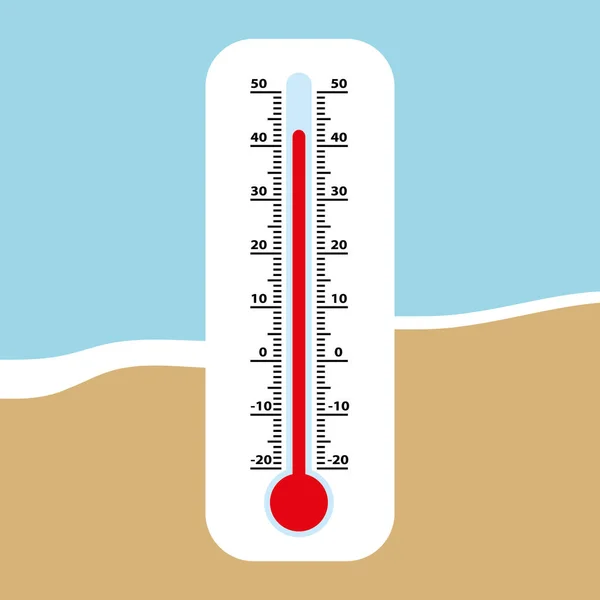 海滩上的温度计 极端的温度热浪矢量说明 — 图库矢量图片