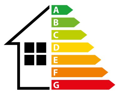Enerji Performans Sertifikası. Enerji Verimliliği Derecelendirme Grafiği ve evde oklar var. Vektör illüstrasyonu I.