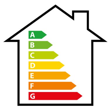 Enerji Performans Sertifikası. Enerji Verimliliği Derecelendirme Grafiği ve evde oklar var. Vektör illüstrasyonu II.