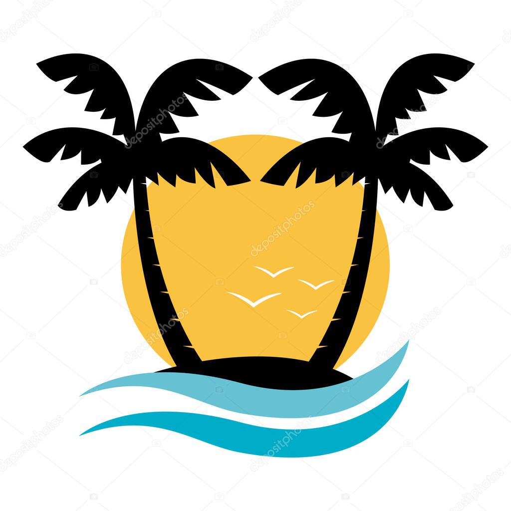 Holidays illustration. Vector island with palms and ocean waves.