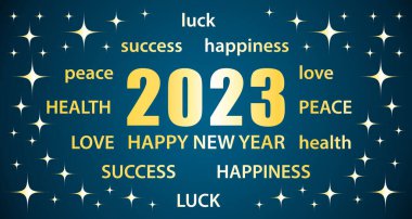 2023 Happy New Year. Blue and gold greeting card with best wishes. Vector illustration banner.