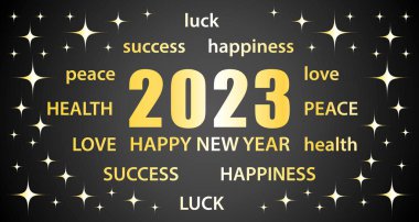 2023 Happy New Year. Black and gold greeting card with best wishes. Vector illustration banner.