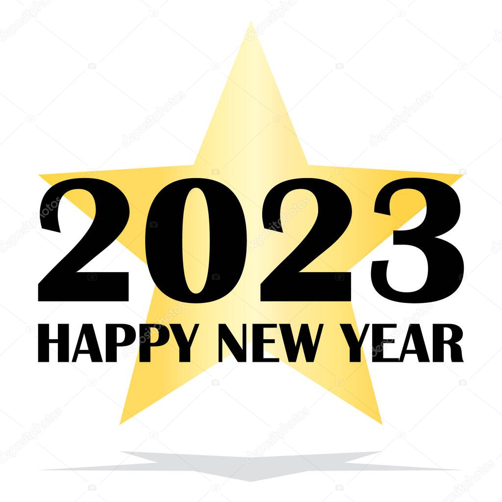 2023 Happy New Year with golden star. Gretting card. Vector illustration.