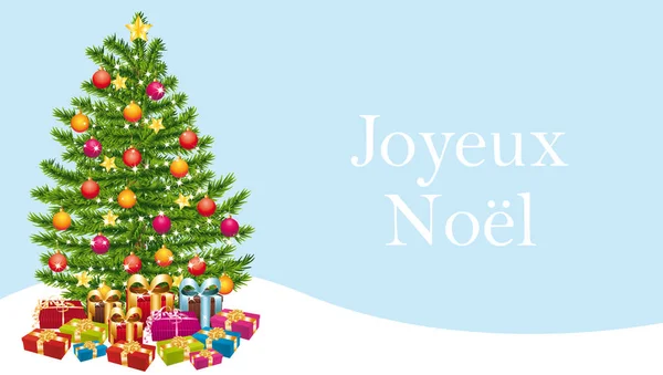圣诞快乐 用法语 有装饰过的圣诞树的贺卡 矢量说明 — 图库矢量图片