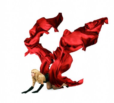 Woman with Red Silk Crawling on White Background clipart