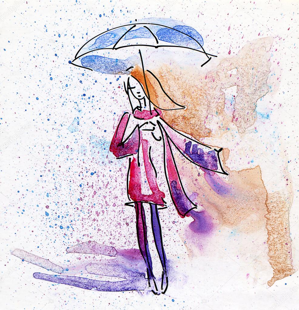 Watercolor Painting. Autumn Girl in the Rain.