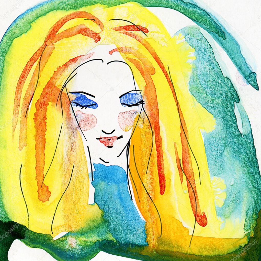Watercolor Portrait of Blonde Girl