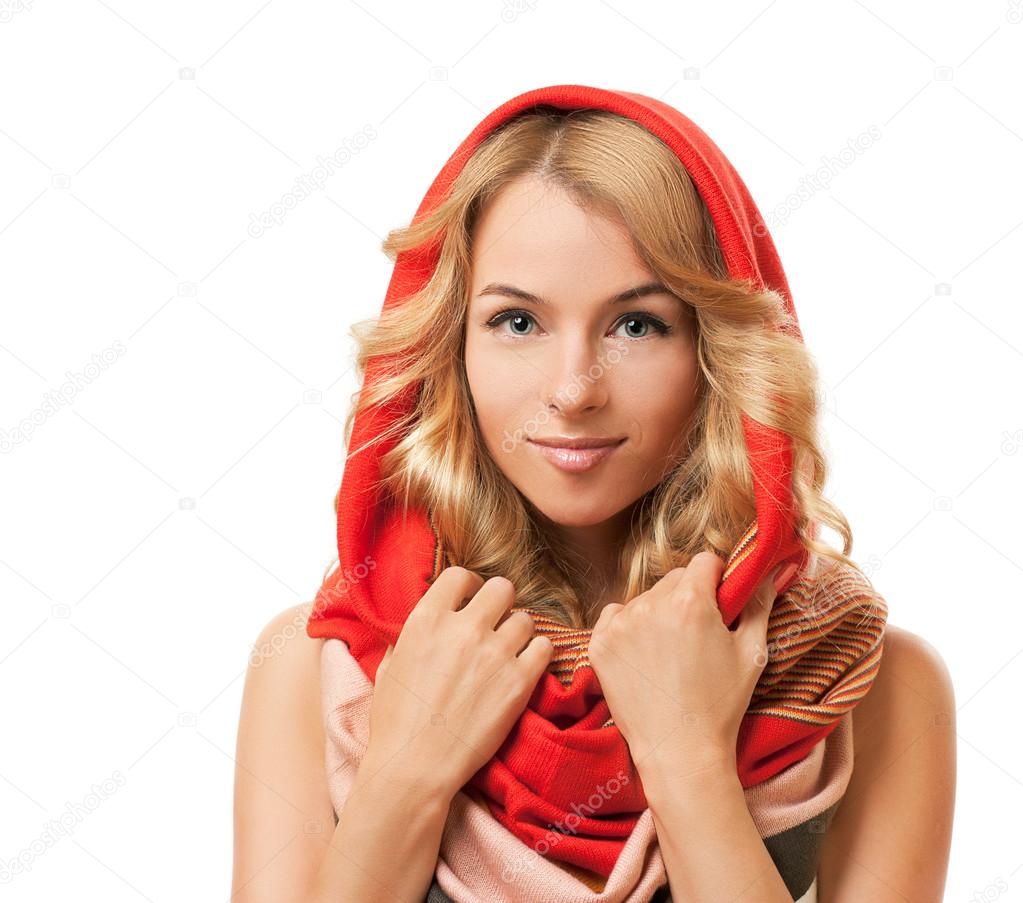 Blonde Woman in Red Hood. Isolated on White.