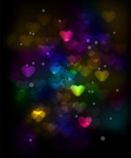 Corazones coloridos bokeh sobre un fondo oscuro — Vector de stock