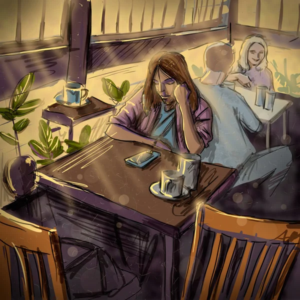 Młoda kobieta w kawiarni. cyfrowy ilustracja — Zdjęcie stockowe