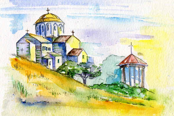 Akvarellmålning. ortodoxa kyrkan. — Stockfoto
