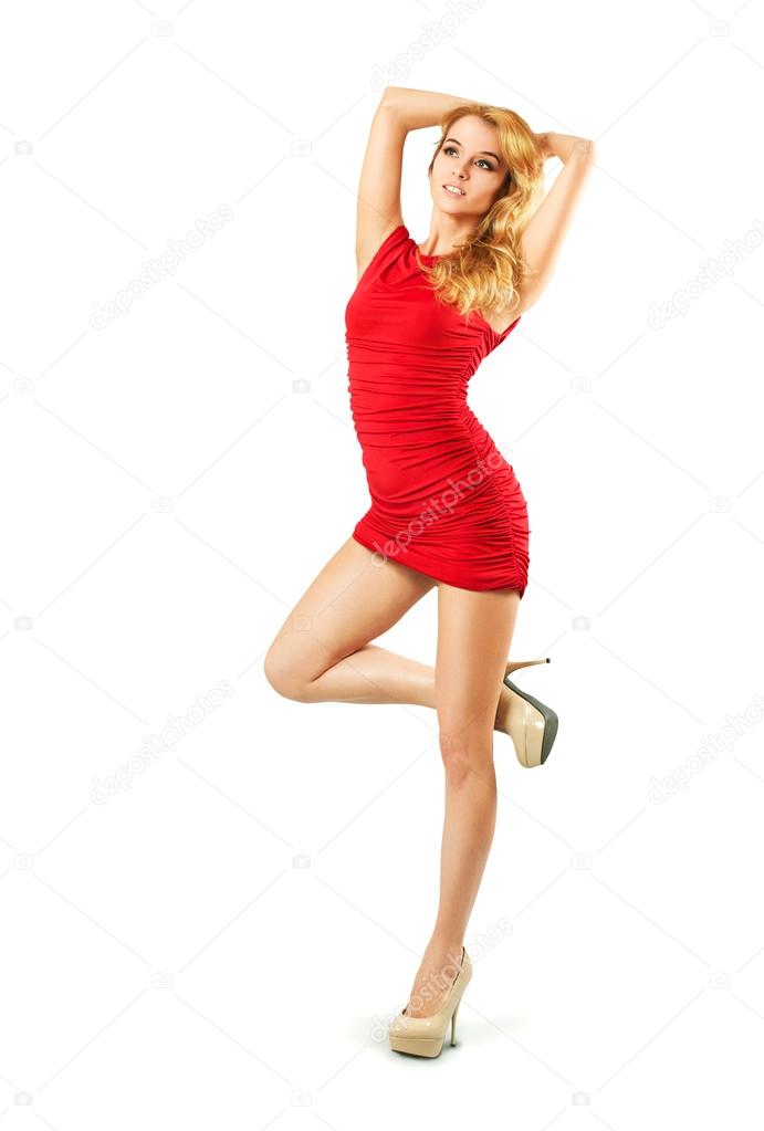 Beautiful Woman in Red Dress Isolated on White