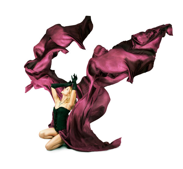 Woman with Purple Silk on White Background