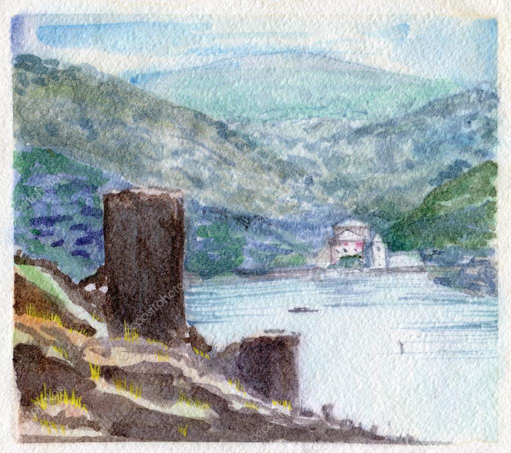 Watercolor Painting. Ruins of Ancient Fortress.