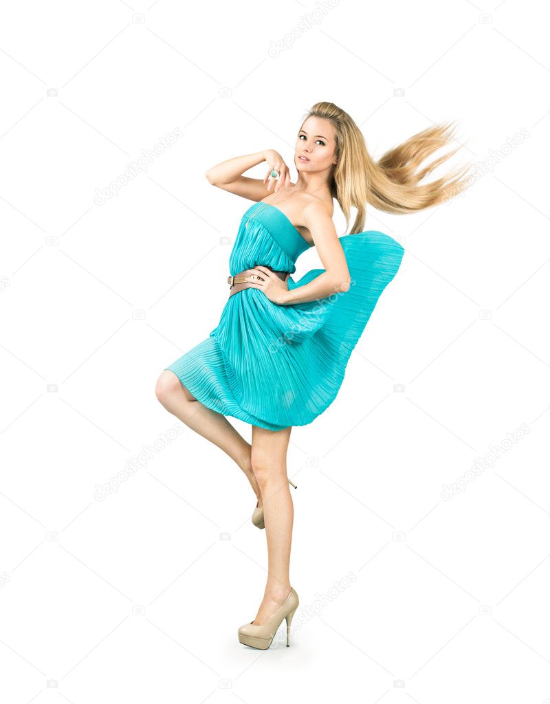 Woman in Turquoise Dress Isolated on White