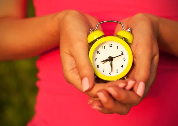 Woman Holding Alarm Clock — Stock Photo, Image