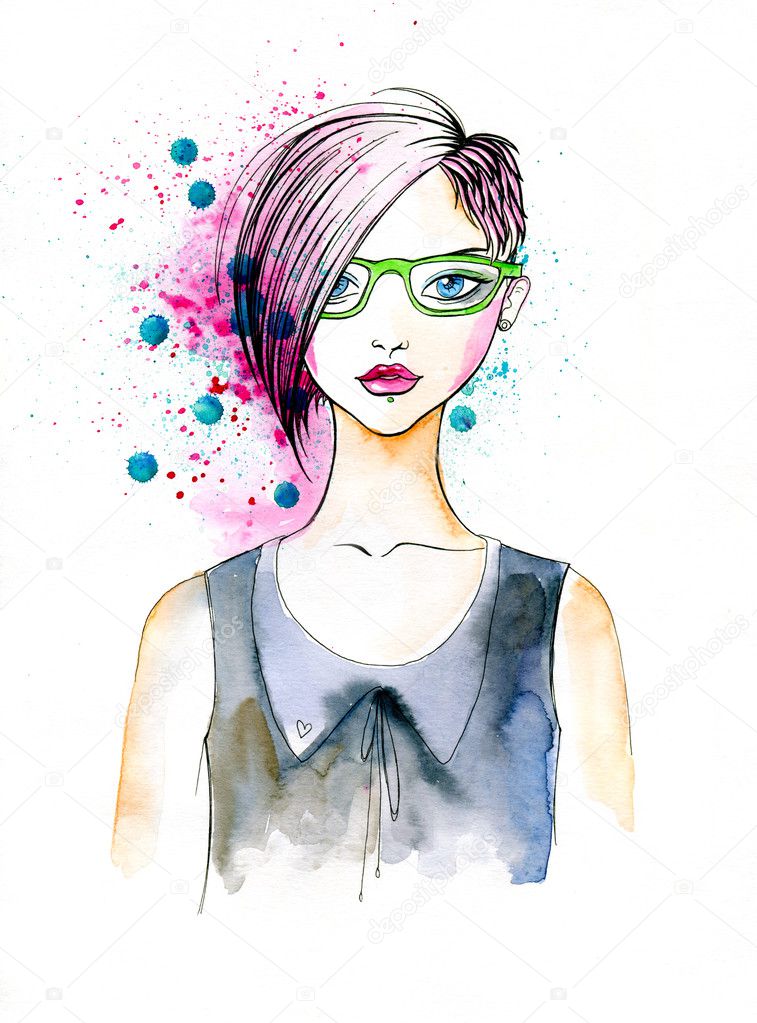 Watercolor Portrait of Hipster Girl