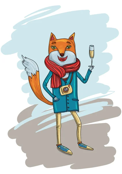 Fashion Illustration of Hipster Fox with Camera — Stock Vector