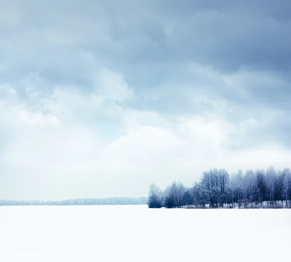 Zimowy pejzaż z snowy pole i nastrojowy niebo — Zdjęcie stockowe