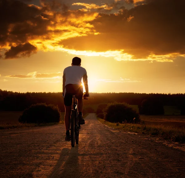 Homem montando uma bicicleta ao pôr do sol — Fotografia de Stock