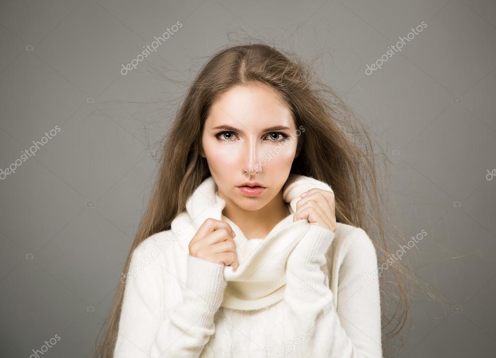 Winter Portrait of Woman in White Cashmere Sweater