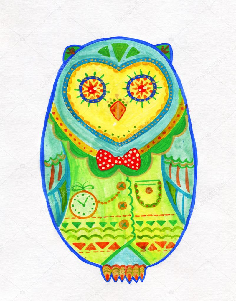 Watercolor Drawing of Egg Shaped Owl