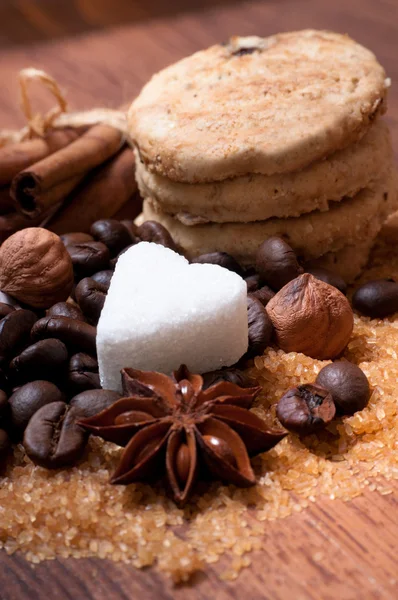 Cofee beans and brown sugar — Stock Photo, Image