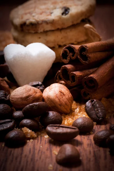 Cofee 콩, 설탕 — 스톡 사진