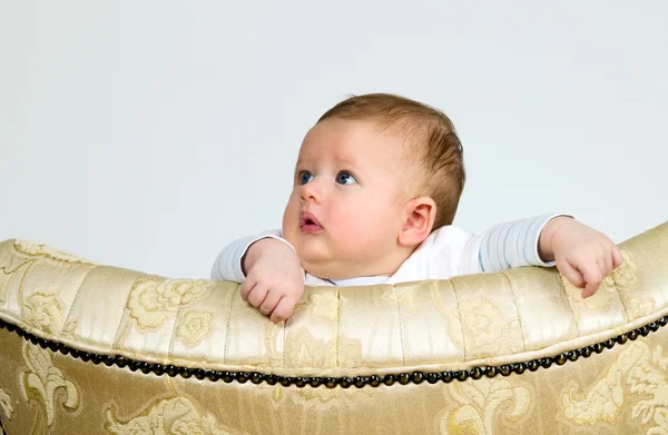 Boy is watching through a top of chair — Stock Photo, Image