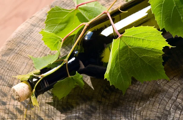 Fles wijn met bessen bladeren rond — Stockfoto