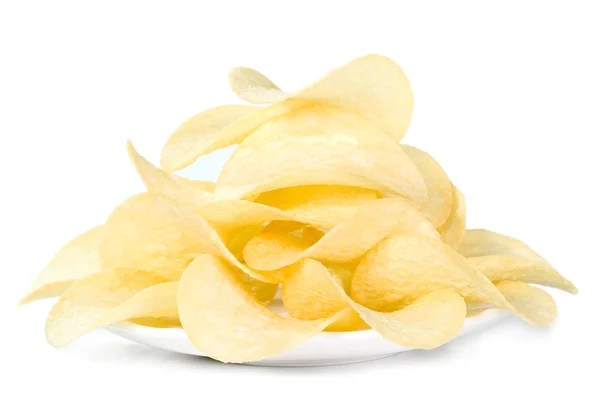 Potato chips on plate, isolated — Stock Photo, Image