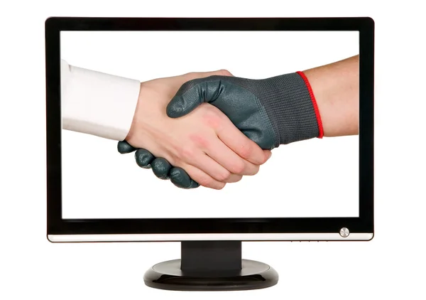 Hands shaking, LCD monitor — Stock Photo, Image