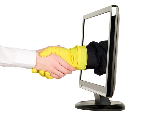 Hands shaking, LCD monitor — Stock Photo, Image