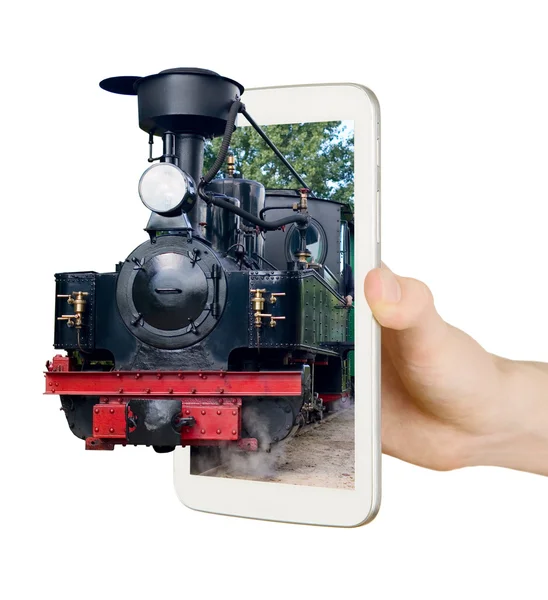 携帯電話の古いヴィンテージ鉄道 throug 画面 — ストック写真