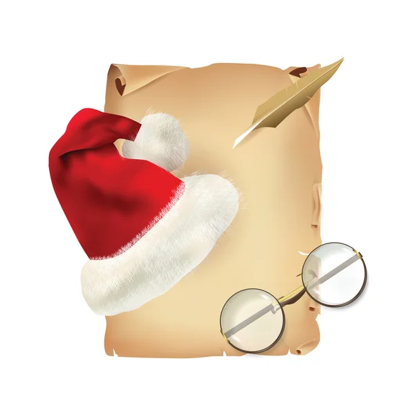 Old Parchment with Christmas Hat and Glasses — Stock Vector