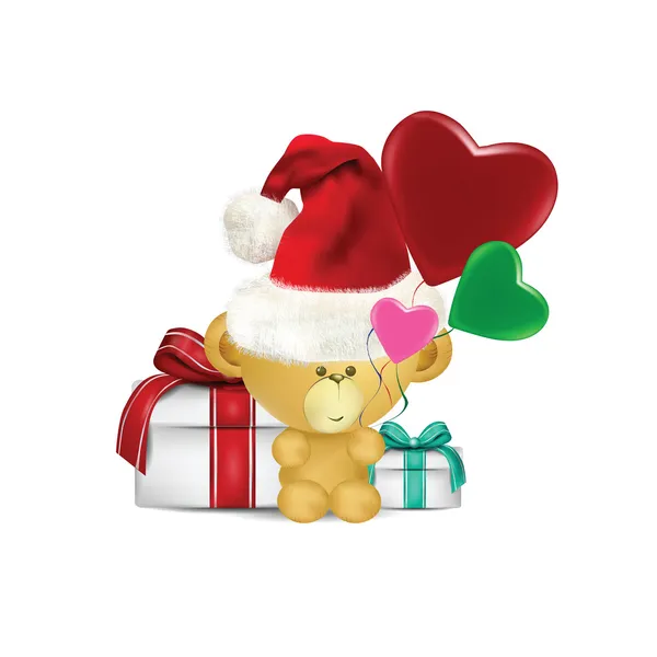 Illustratie van prachtige kerst teddybeer met hoed en gif — Stockvector