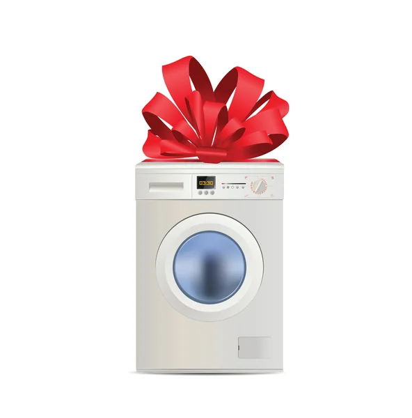 Kırmızı kurdele ile gerçekçi çamaşır makinesi hediye illüstrasyon — Stok Vektör