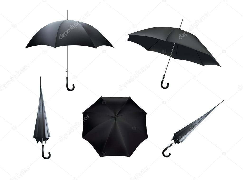 Complete set of black umbrellas, isolated on white background