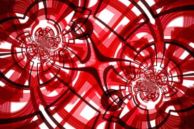 Multiplied red circles, reflections and symmetries. Fractal swirls, digital artwork for creative graphic design.