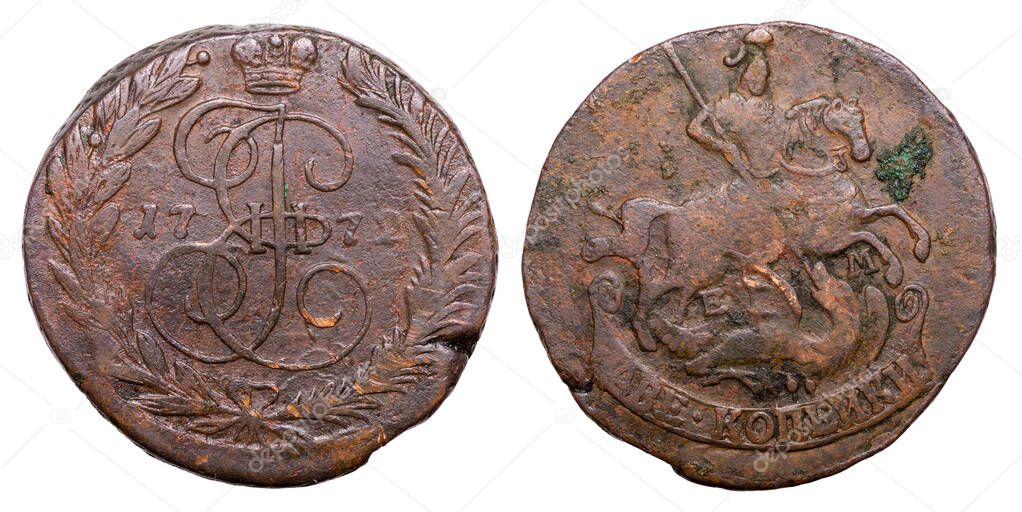 Copper coin of the Russian Empire. Two kopecks in 1772. Catherine II 