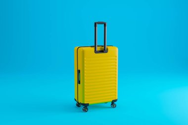 Mavi arka planda sarı bavul. Seyahat konsepti. Minimalist 3d sanat.