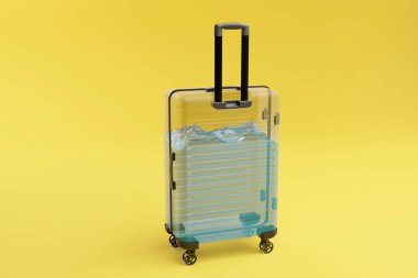 Sarı arka planda, içinde su olan bavul. Denize ya da okyanusa yaz gezisi. Minimalist 3d sanat.