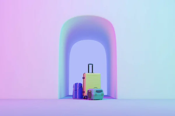 Koffer Tasche Und Katzentasche Auf Rosa Und Lila Neonhintergrund Mit — Stockfoto