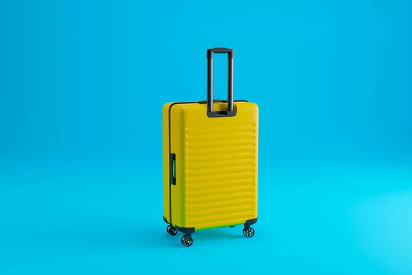 Κίτρινη Βαλίτσα Μπλε Φόντο Ταξιδιωτική Ιδέα Μινιμαλιστική Τέχνη — Φωτογραφία Αρχείου