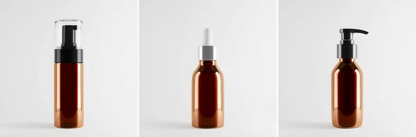 Collage Three Cosmetic Amber Glass Bottles Foam Dispenser Dropper Mockup — Stockfoto