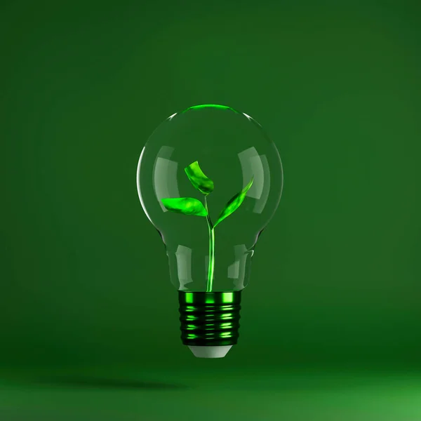 Green plant grows inside light bulb on green background. Concept of energy saving, eco-friendly technologies and sustainable lifestyle.