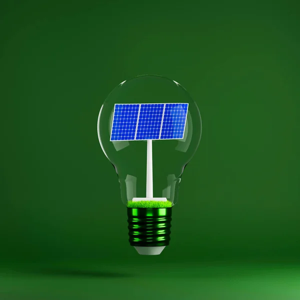 Solar power station inside light bulb on green background. Concept of energy saving, eco-friendly technologies and sustainable lifestyle.