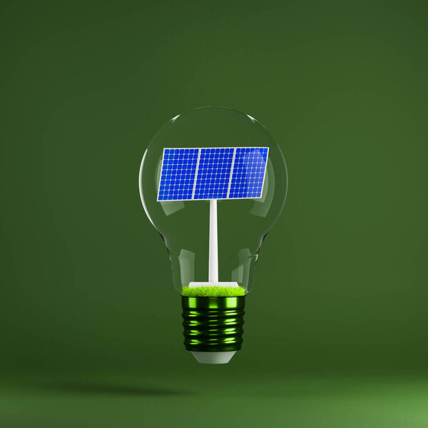 Solar power station inside light bulb on green background. Concept of energy saving, eco-friendly technologies and sustainable lifestyle.