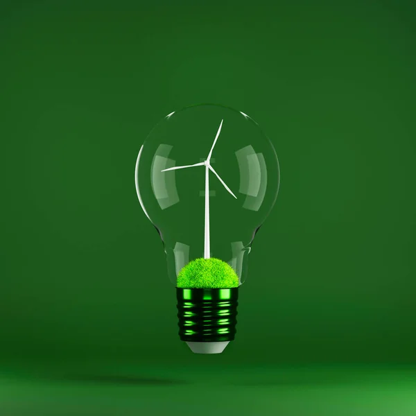 Wind turbine inside light bulb on green background. Concept of energy saving, eco-friendly technologies and sustainable lifestyle.