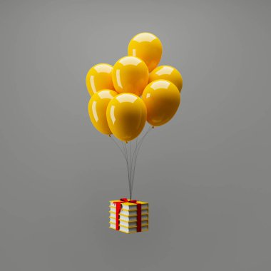 Gri arka planda balonların üzerindeki kurdele sinekleri ile bağlanmış bir yığın sarı kitap. Okul konseptine dönelim..